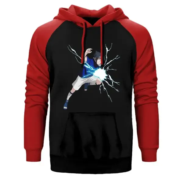 Naruto Uchiha Sasuke Hoodie, Double Color Raglan Sleeve Red Sweatshirt