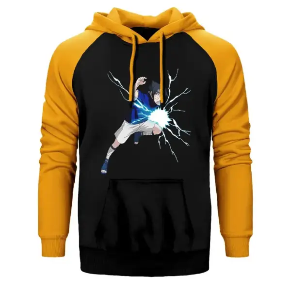Naruto Uchiha Sasuke Hoodie, Double Color Raglan Sleeve Yellow Sweatshirt