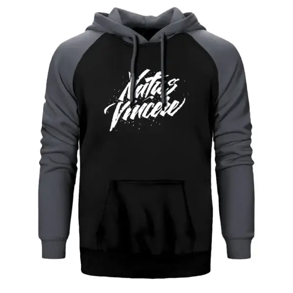 Natus Vincere Handwriting Hoodie, Double Color Raglan Sleeve Gray Sweatshirt