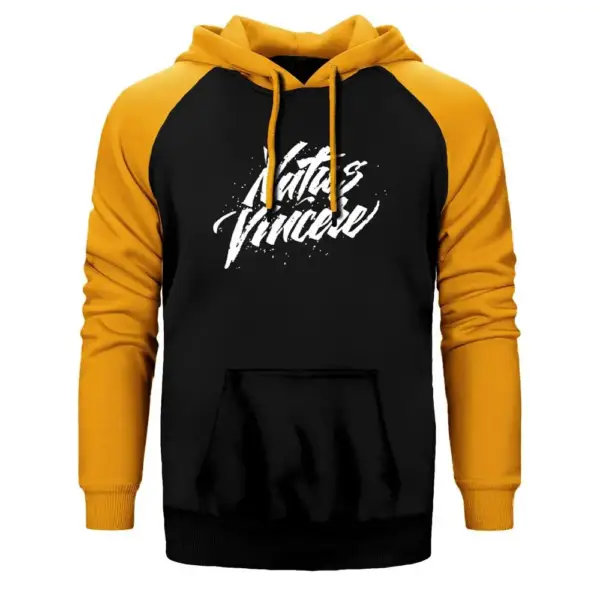 Natus Vincere Handwriting Hoodie, Double Color Raglan Sleeve Yellow Sweatshirt