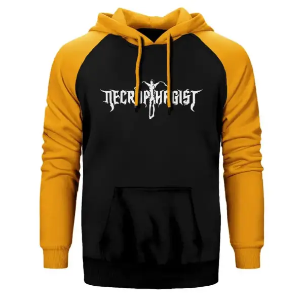 Necrophagist Hoodie, Double Color Raglan Sleeve Yellow Sweatshirt