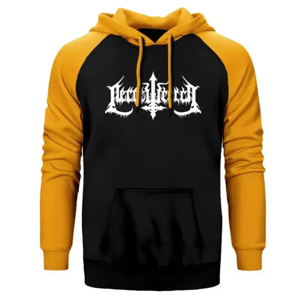 Necrowretch Logo Hoodie, Double Color Raglan Sleeve Yellow Sweatshirt