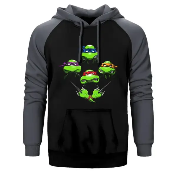 Ninja Turtles Face Hoodie, Double Color Raglan Sleeve Gray Sweatshirt