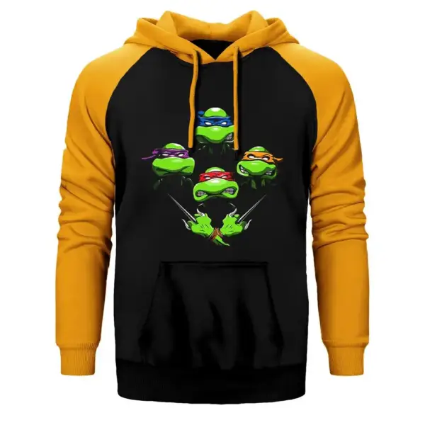 Ninja Turtles Face Hoodie, Double Color Raglan Sleeve Yellow Sweatshirt