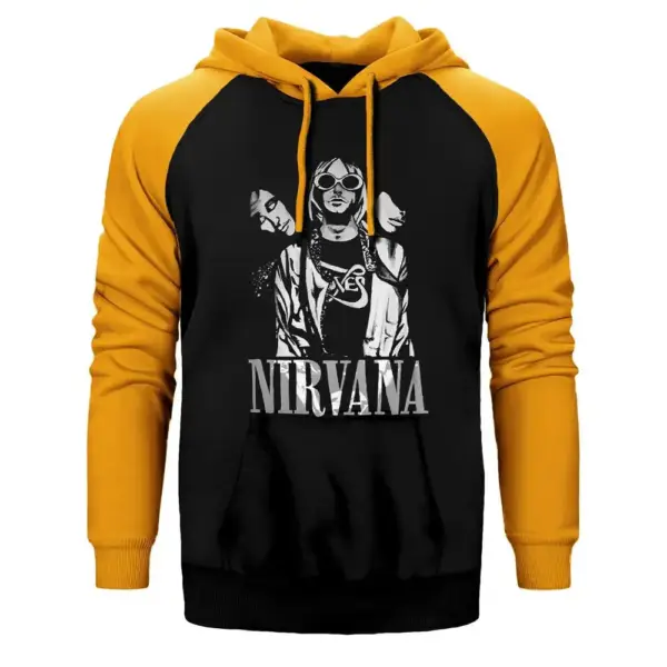 Nirvana Group Hoodie, Double Color Raglan Sleeve Yellow Sweatshirt