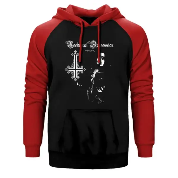 Nocturnal Depression Hoodie, Double Color Raglan Sleeve Red Sweatshirt