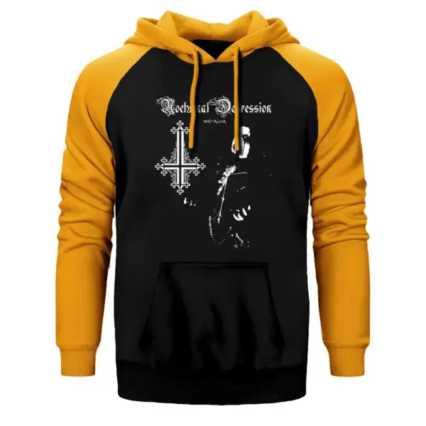 Nocturnal Depression Hoodie, Double Color Raglan Sleeve Yellow Sweatshirt