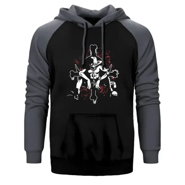 One Piece Commander Hoodie, Double Color Raglan Sleeve Gray Sweatshirt