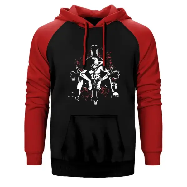 One Piece Commander Hoodie, Double Color Raglan Sleeve Red Sweatshirt