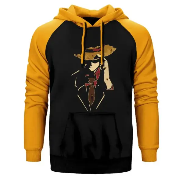 One Piece Monkey D Luffy Hoodie, Double Color Raglan Sleeve Yellow Sweatshirt