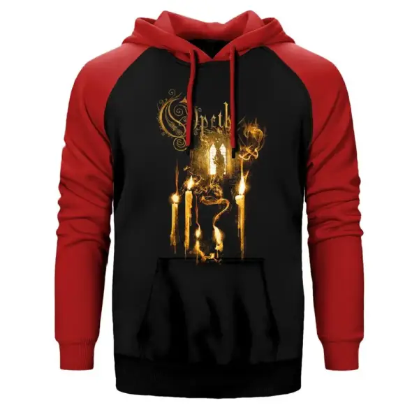 Opeth Ghost Reveries Hoodie, Double Color Raglan Sleeve Red Sweatshirt