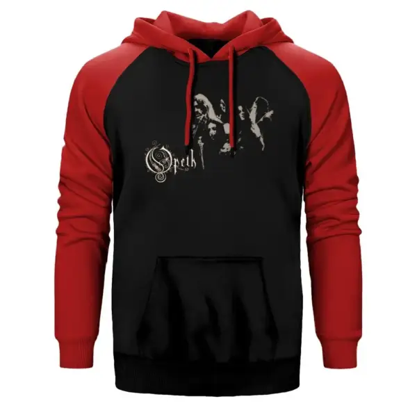 Opeth Group Hoodie, Double Color Raglan Sleeve Red Sweatshirt
