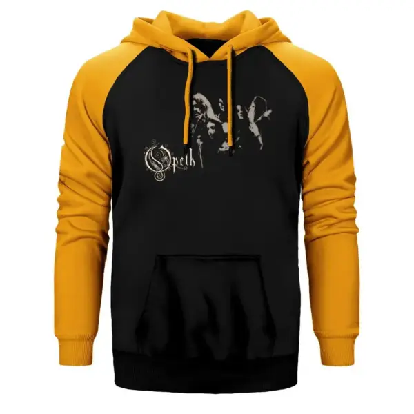 Opeth Group Hoodie, Double Color Raglan Sleeve Yellow Sweatshirt