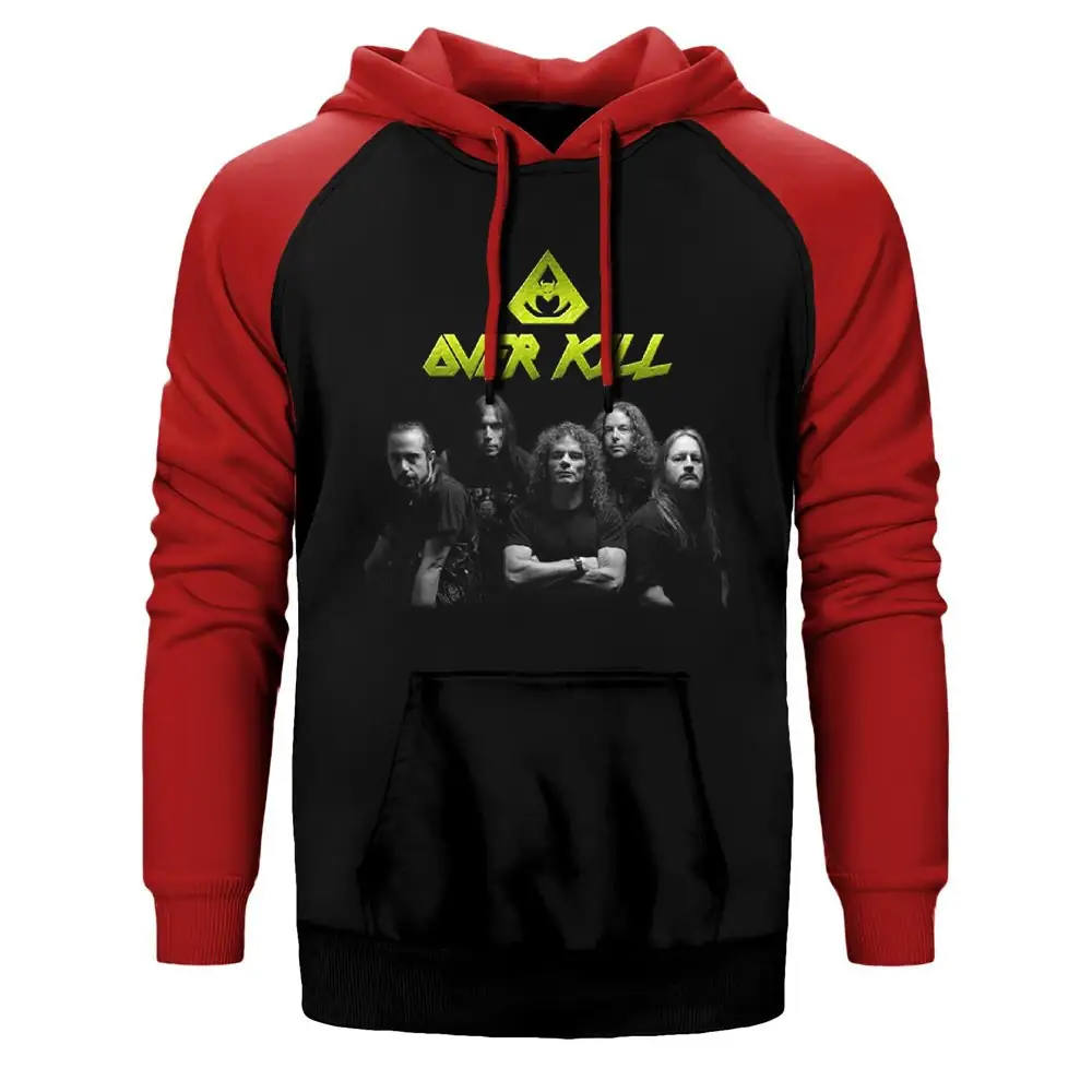 Overkill Band Hoodie, Double Color Raglan Sleeve Red  Sweatshirt