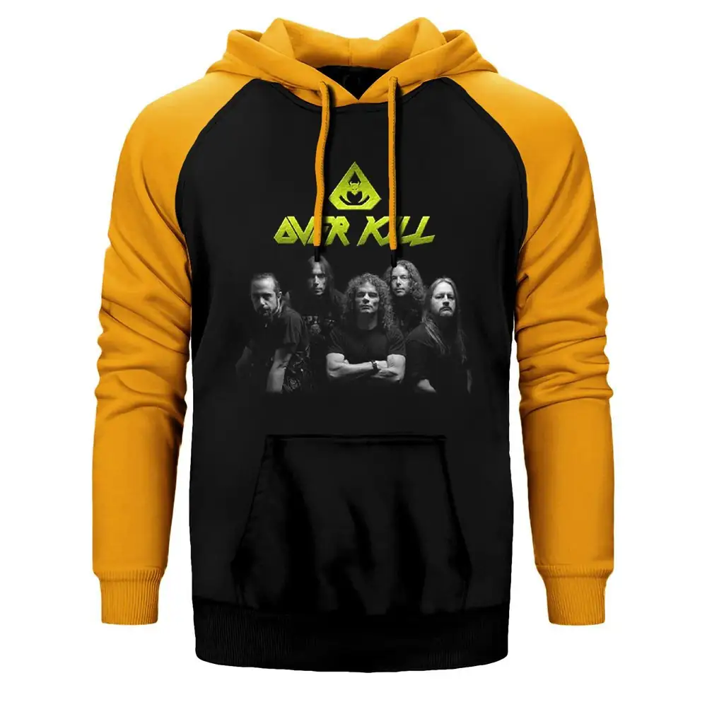 Overkill Band Hoodie, Double Color Raglan Sleeve Yellow  Sweatshirt
