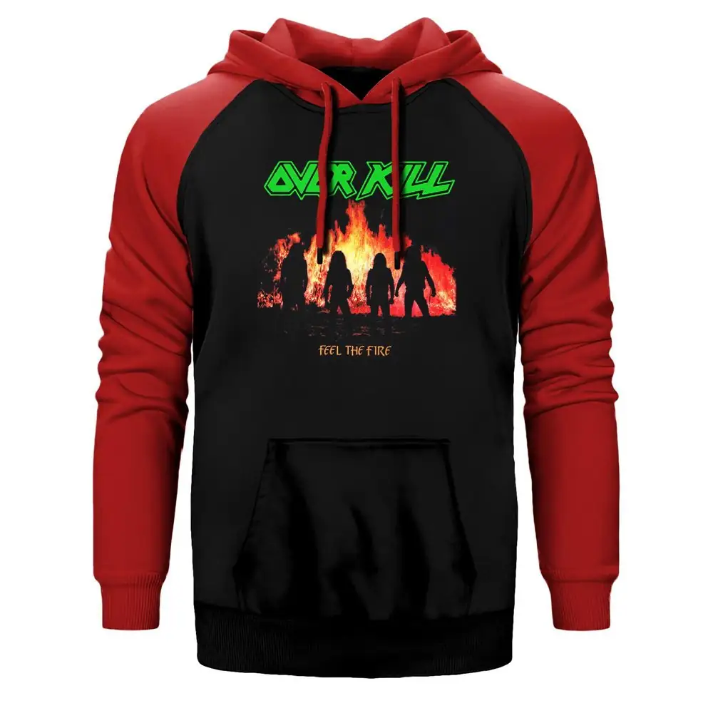 Overkill Feel the Fire Hoodie, Double Color Raglan Sleeve Red Sweatshirt