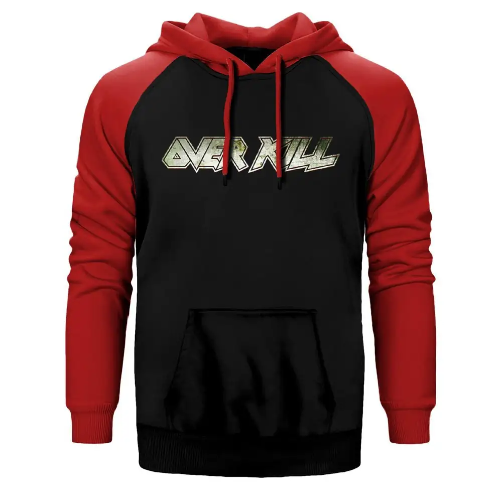 Overkill Logo Hoodie, Double Color Raglan Sleeve Red Sweatshirt