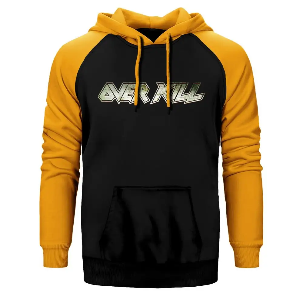 Overkill Logo Hoodie, Double Color Raglan Sleeve Yellow Sweatshirt