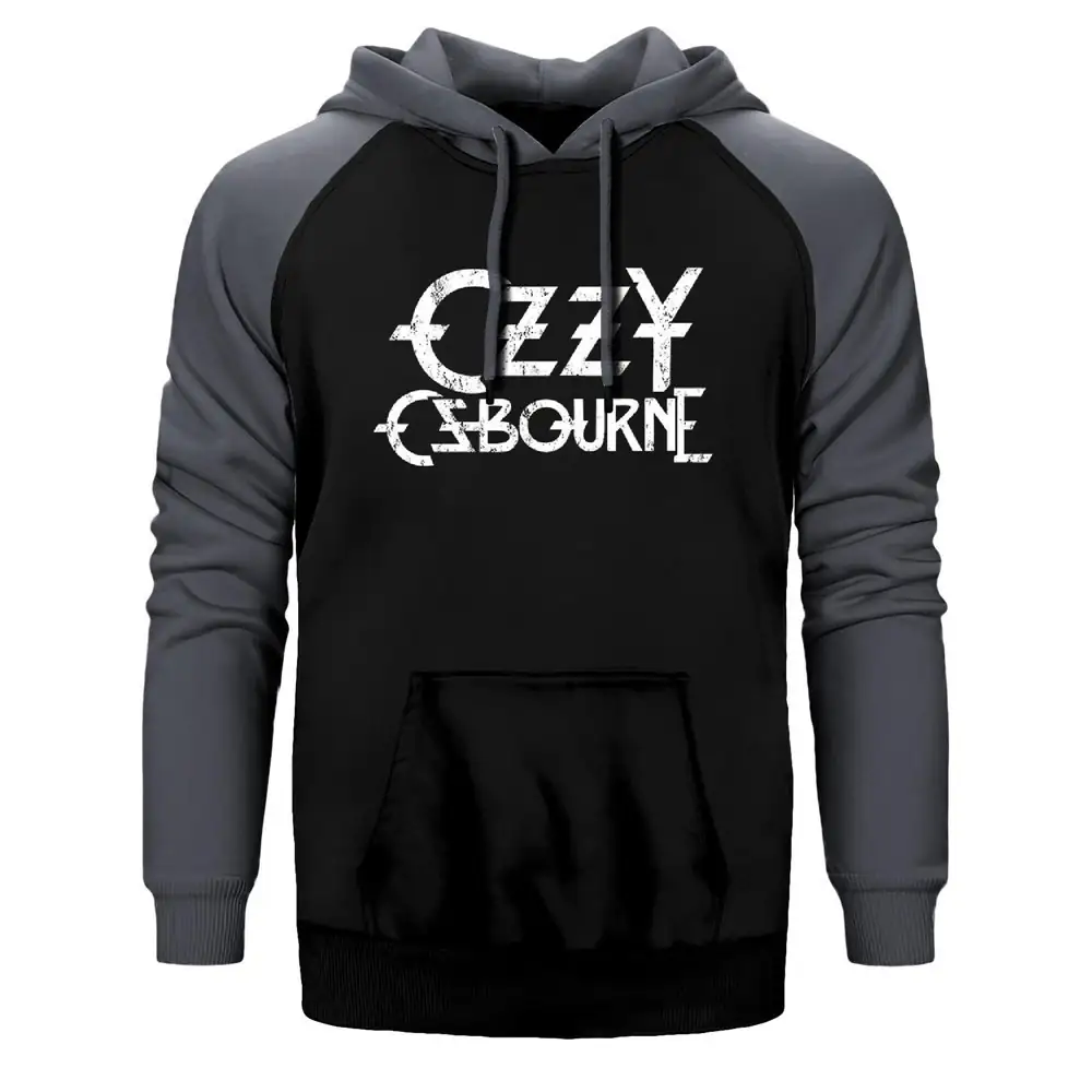 Ozzy Osbourne Logo Hoodie, Double Color Raglan Sleeve Gray Sweatshirt