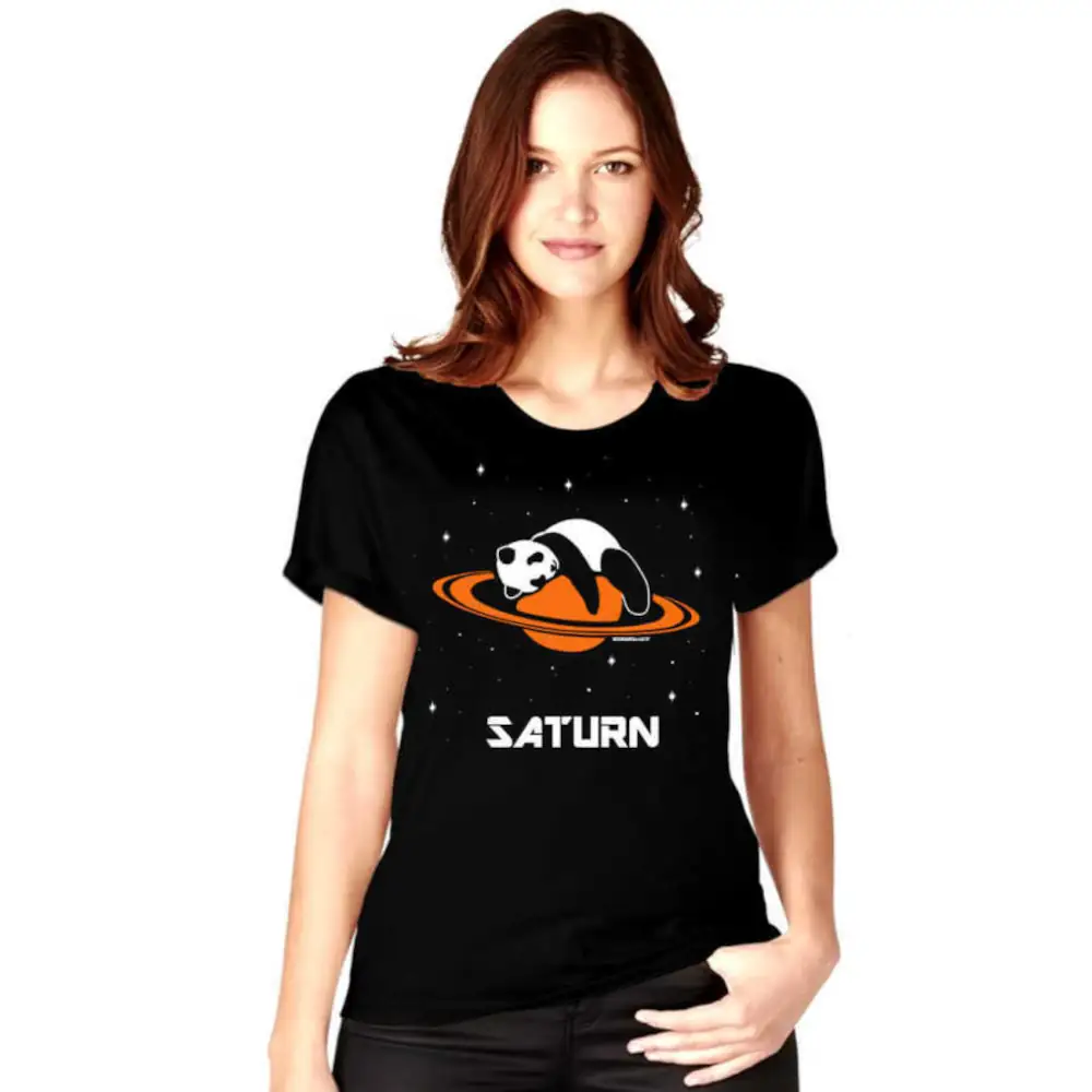 Panda in Saturn Short Sleeve Women's Black T-Shirt