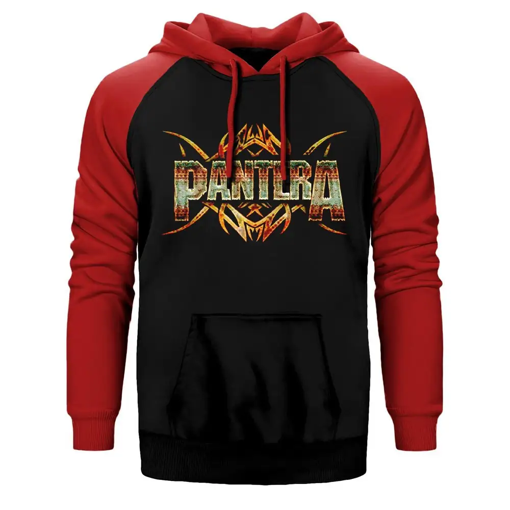 Pantera Iron Hoodie, Double Color Raglan Sleeve Red Sweatshirt