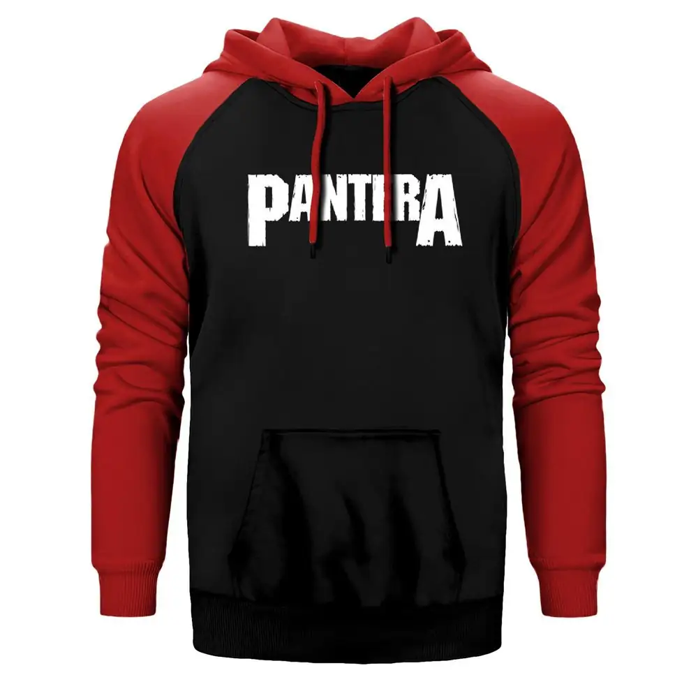 Pantera Logo Hoodie, Double Color Raglan Sleeve Red Sweatshirt