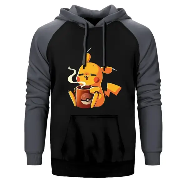 Pikachu Coffee Hoodie, Double Color Raglan Sleeve Gray Sweatshirt