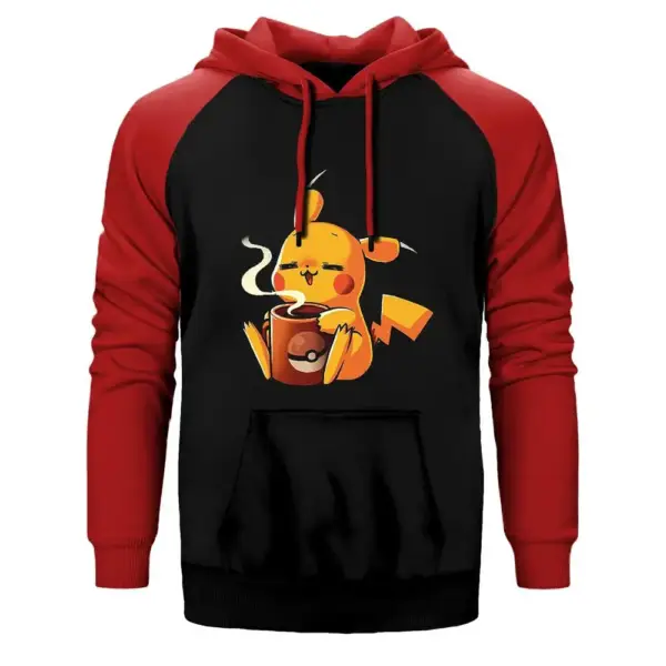 Pikachu Coffee Hoodie, Double Color Raglan Sleeve Red Sweatshirt