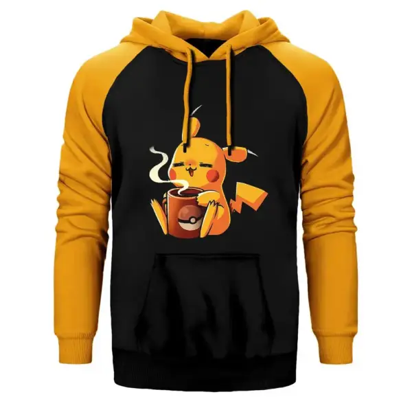 Pikachu Coffee Hoodie, Double Color Raglan Sleeve Yellow Sweatshirt