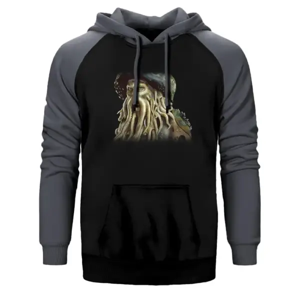 Pirates of Caribbean Davy Jones Hoodie, Double Color Raglan Sleeve Gray Sweatshirt
