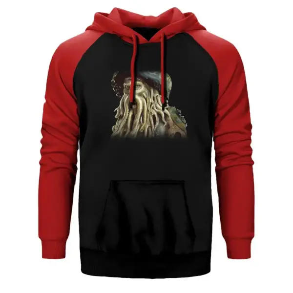 Pirates of Caribbean Davy Jones Hoodie, Double Color Raglan Sleeve Red Sweatshirt