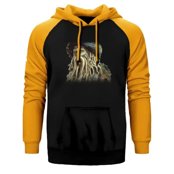Pirates of Caribbean Davy Jones Hoodie, Double Color Raglan Sleeve Yellow Sweatshirt