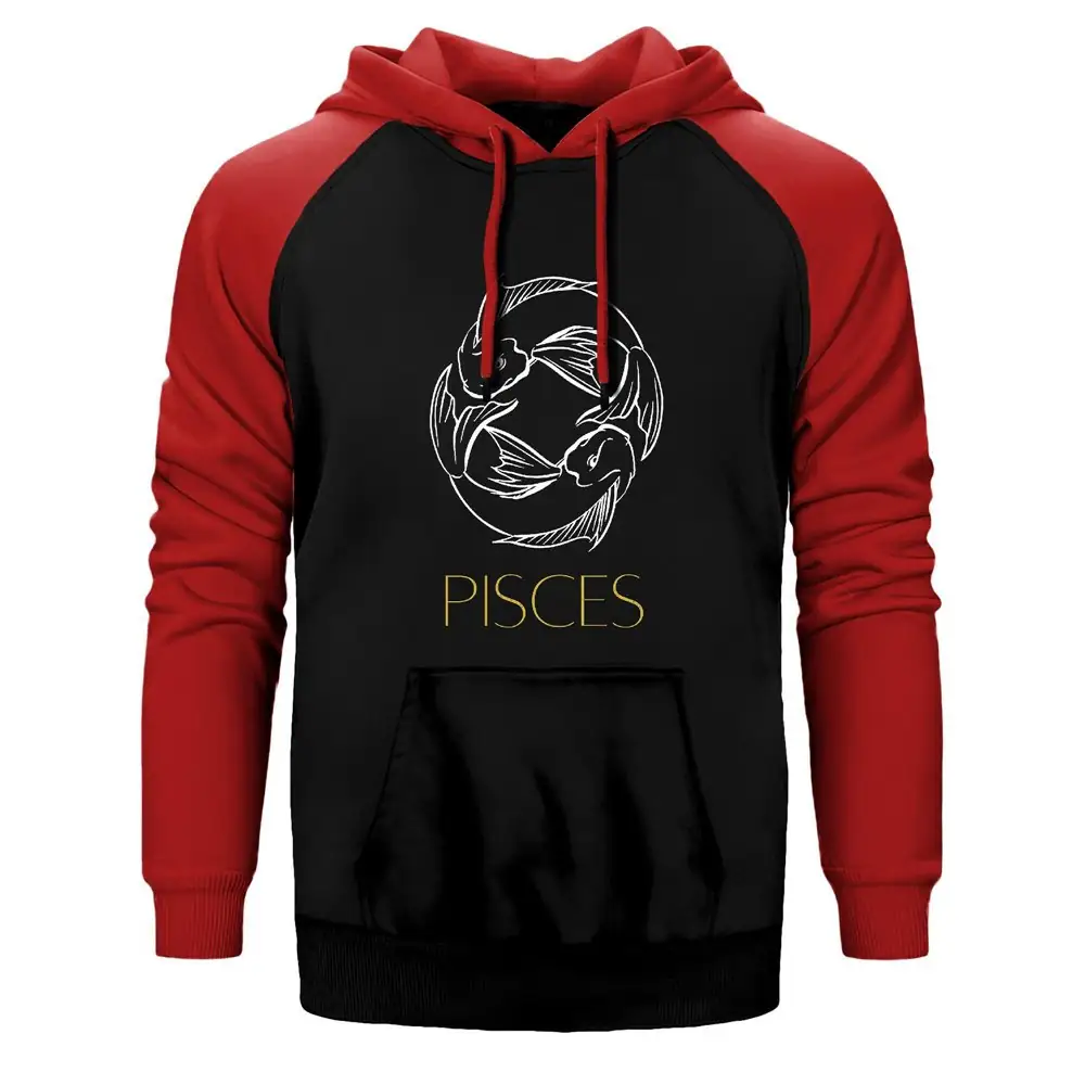 Pisces Retro Hoodie, Double Color Raglan Sleeve Red Sweatshirt