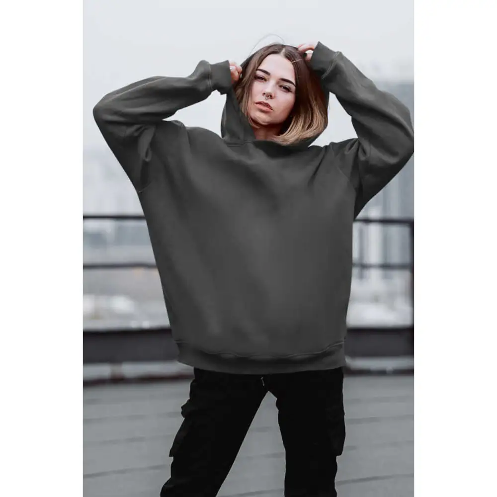 Plain Unprinted Hoodie Thick Oversize Women's Anthracite Sweatshirt
