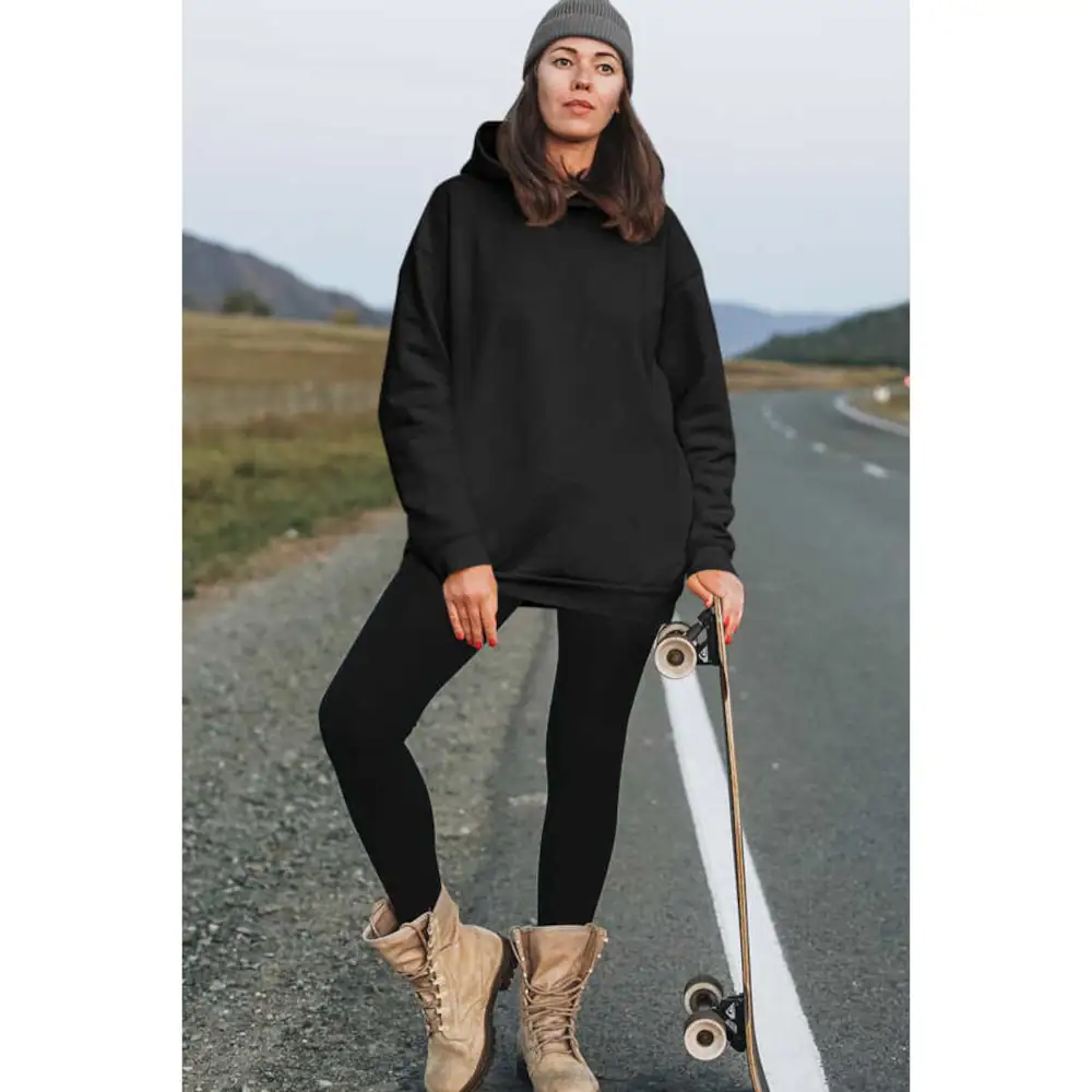 Plain Unprinted Hoodie Thick Oversize Women's Black Sweatshirt