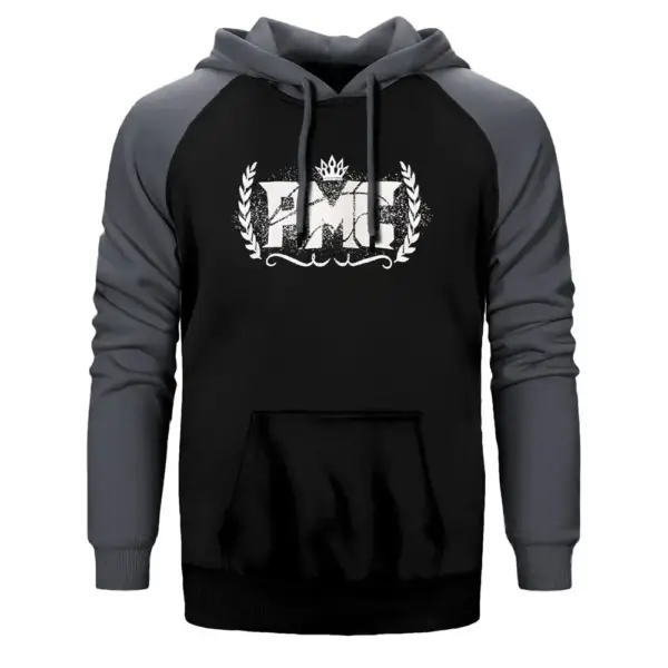 Pmc Hoodie, Double Color Raglan Sleeve Gray Sweatshirt