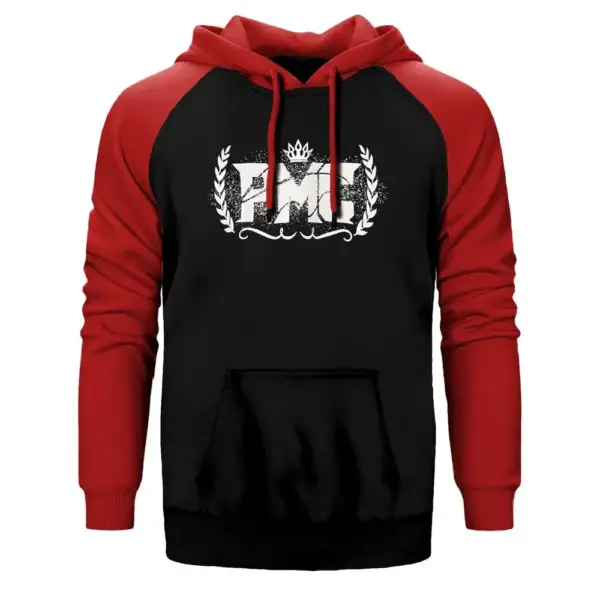 Pmc Hoodie, Double Color Raglan Sleeve Red Sweatshirt