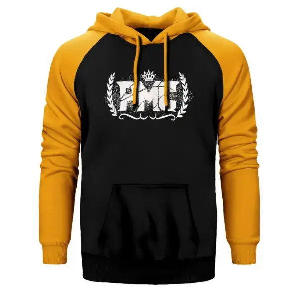 Pmc Hoodie, Double Color Raglan Sleeve Yellow Sweatshirt