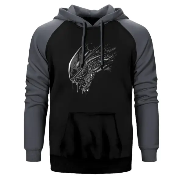 Predator Hoodie, Double Color Raglan Sleeve Gray Sweatshirt