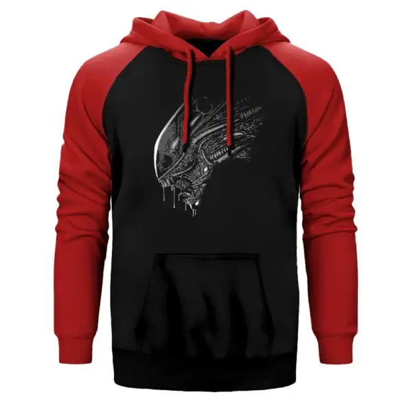 Predator Hoodie, Double Color Raglan Sleeve Red Sweatshirt
