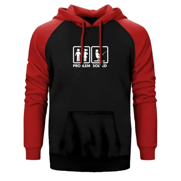 Problem Solved Fisherman Hoodie, Double Color Raglan Sleeve Red Sweatshirt