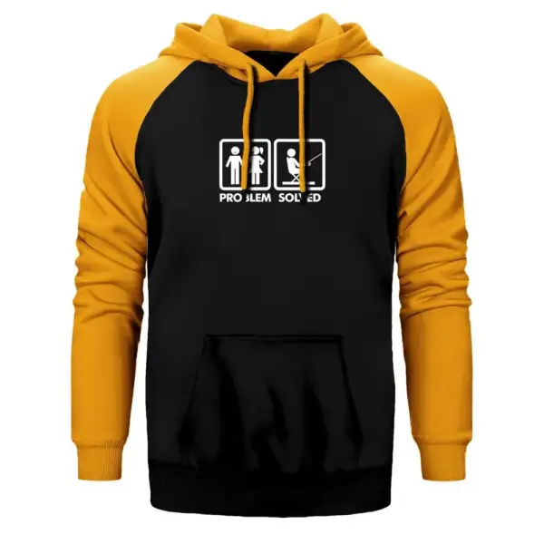 Problem Solved Fisherman Hoodie, Double Color Raglan Sleeve Yellow Sweatshirt
