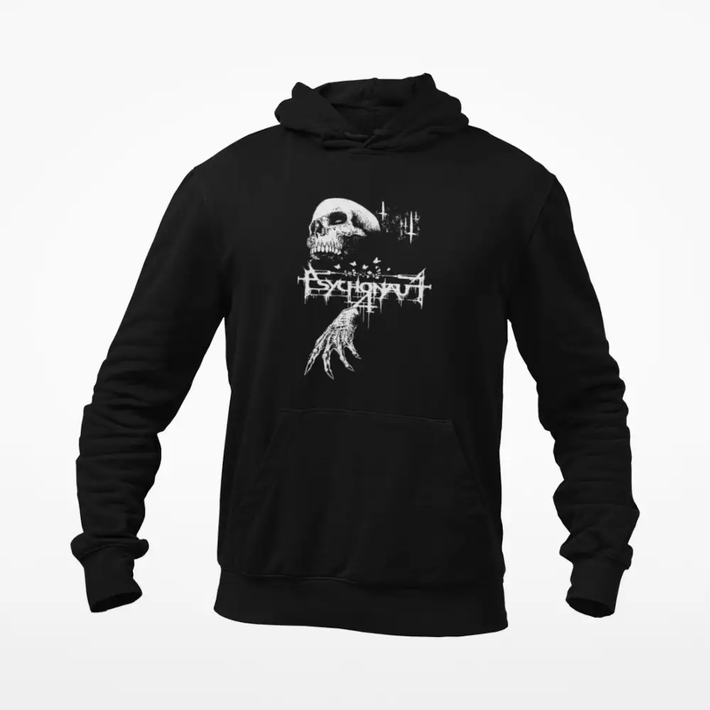 Psychonaut 4 Hoodie, Psychonaut 4 Logo Skull Artwork Black Hoodie, Black Metal Merchandise