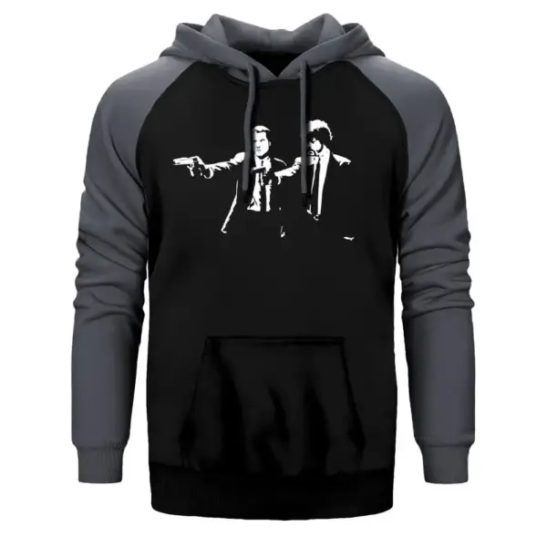 Pulp Fiction Hoodie, Double Color Raglan Sleeve Gray Sweatshirt
