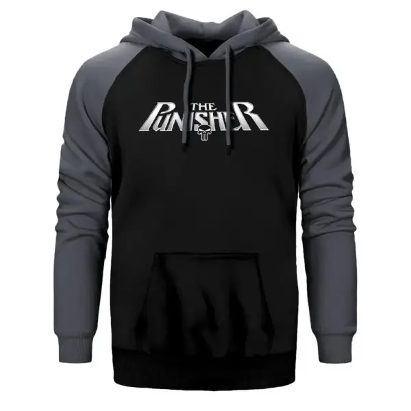 Punisher Official Logo Hoodie, Double Color Raglan Sleeve Gray Sweatshirt