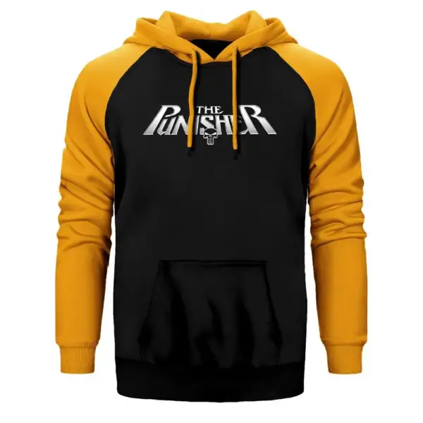 Punisher Official Logo Hoodie, Double Color Raglan Sleeve Yellow Sweatshirt
