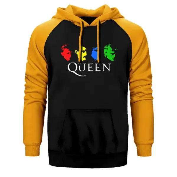 Queen Colored Hoodie, Double Color Raglan Sleeve Yellow Sweatshirt