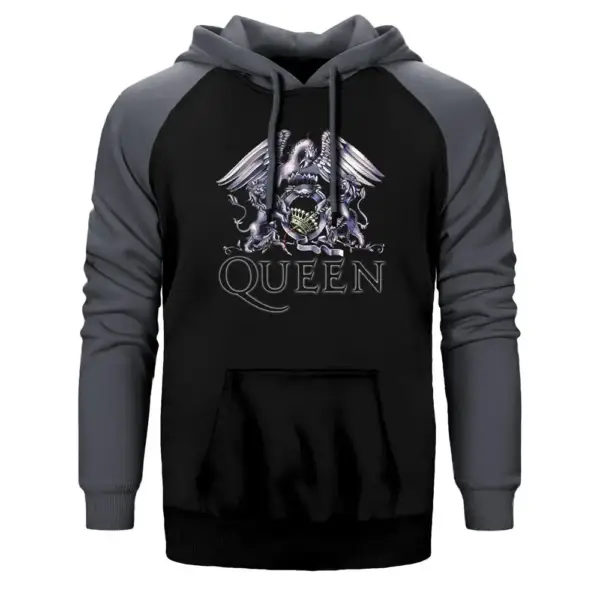 Queen Crow Hoodie, Double Color Raglan Sleeve Gray Sweatshirt
