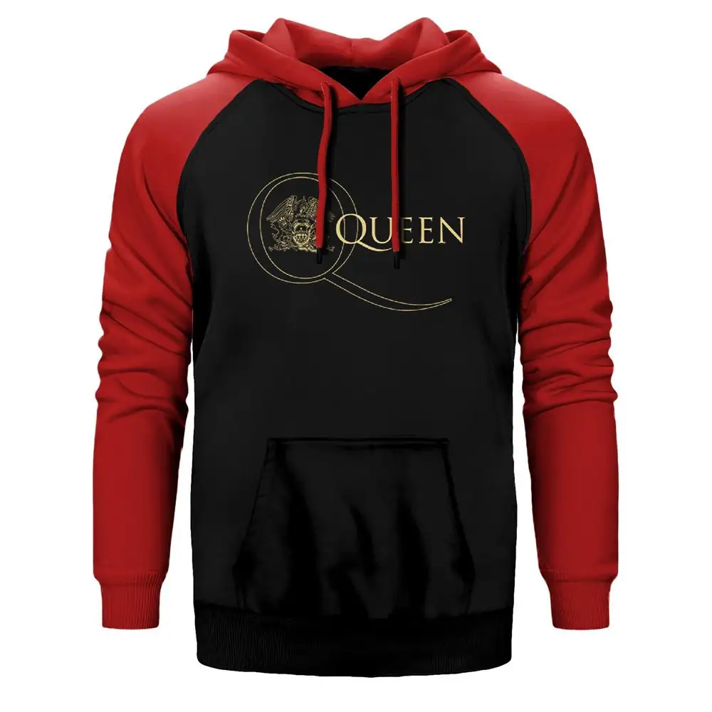 Queen Logo Hoodie, Double Color Raglan Sleeve Red Sweatshirt