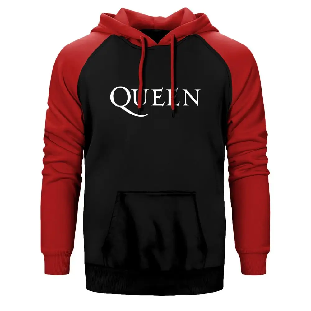 Queen Logo Hoodie, Double Color Raglan Sleeve Red Sweatshirt